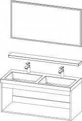 Basic / Komposition I / 120 cm
- Unterschrank BASIC 120 mit doppelten Waschbecken
- Spiegel 120 mit Aluminiumrahmen
- Ablage 120